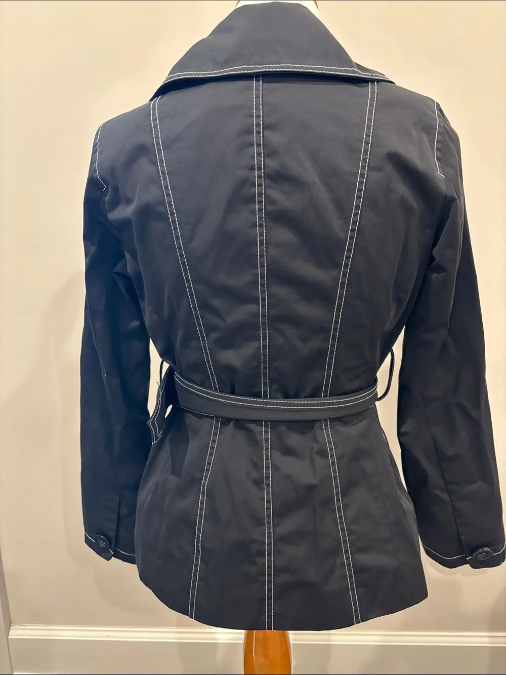 White House Black Market Black Double-Breasted Trench with Contrast Stitching